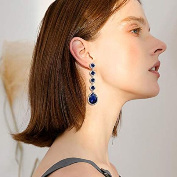 Silver with Sapphire Blue Diamond Austrian Crystal Teardrop Chandelier Earrings - Picture 4 of 6
